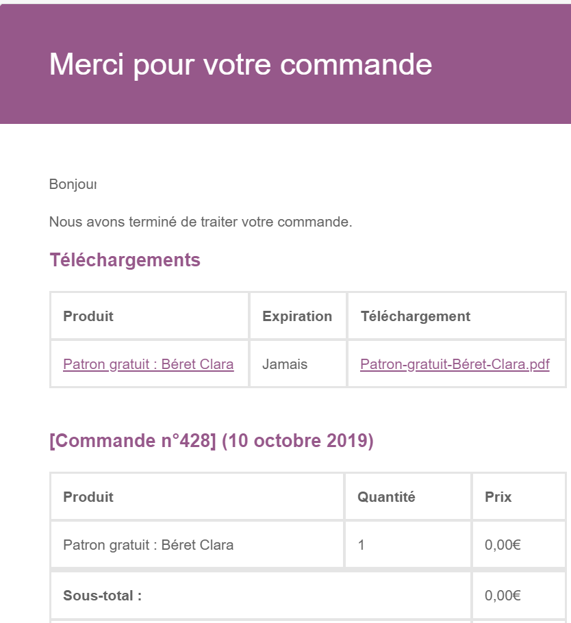 Lien de téléchargement pour imprimer le patron PDF dans le mail récapitulatif de commande