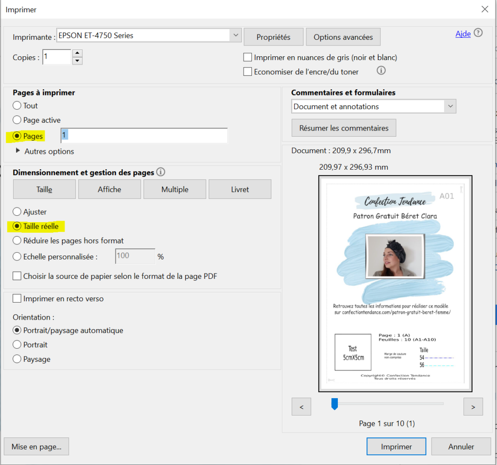 Impression de la page de garde des patrons PDF en taille réelle